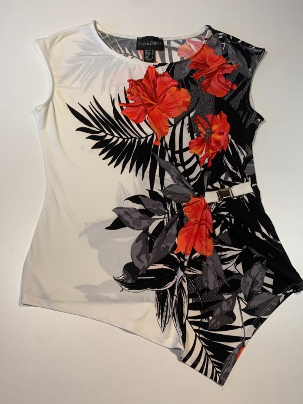 Frank Lyman Floral Asymmetrical Top Size 12 Tropical Print Blouse Canada - Picture 2 of 7